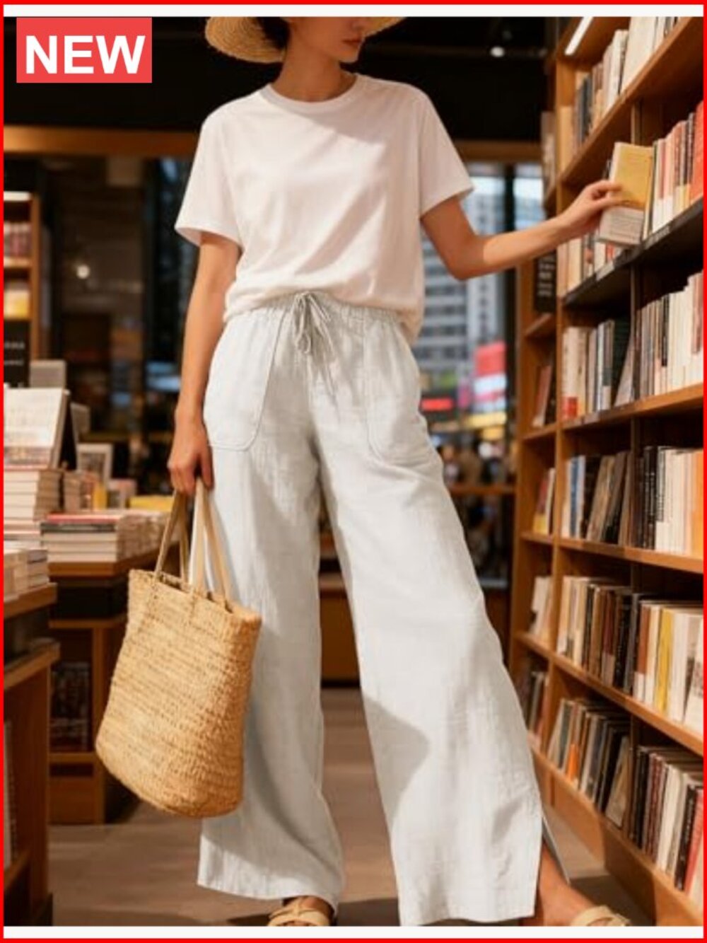 High Waisted Wide Leg Pants Cotton Linen Drawstring Lounge Pants Loose Fit - Picture 3 of 7